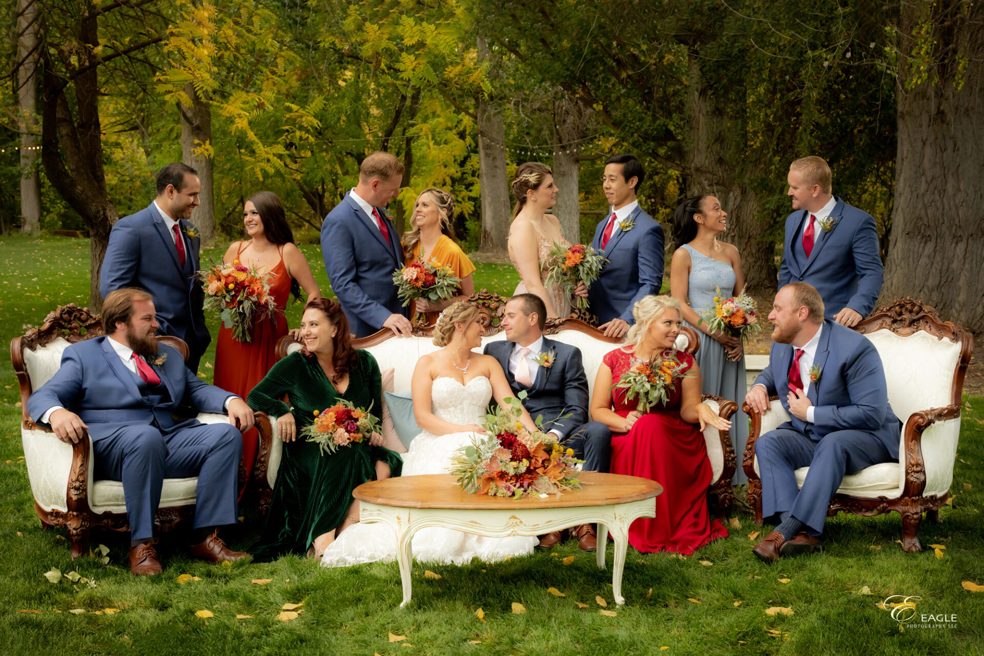 The bride, groom, bridesmaids, and groomsmen