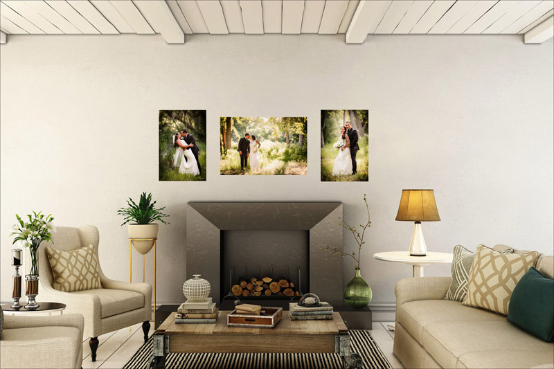 Wedding photos on display in a living room